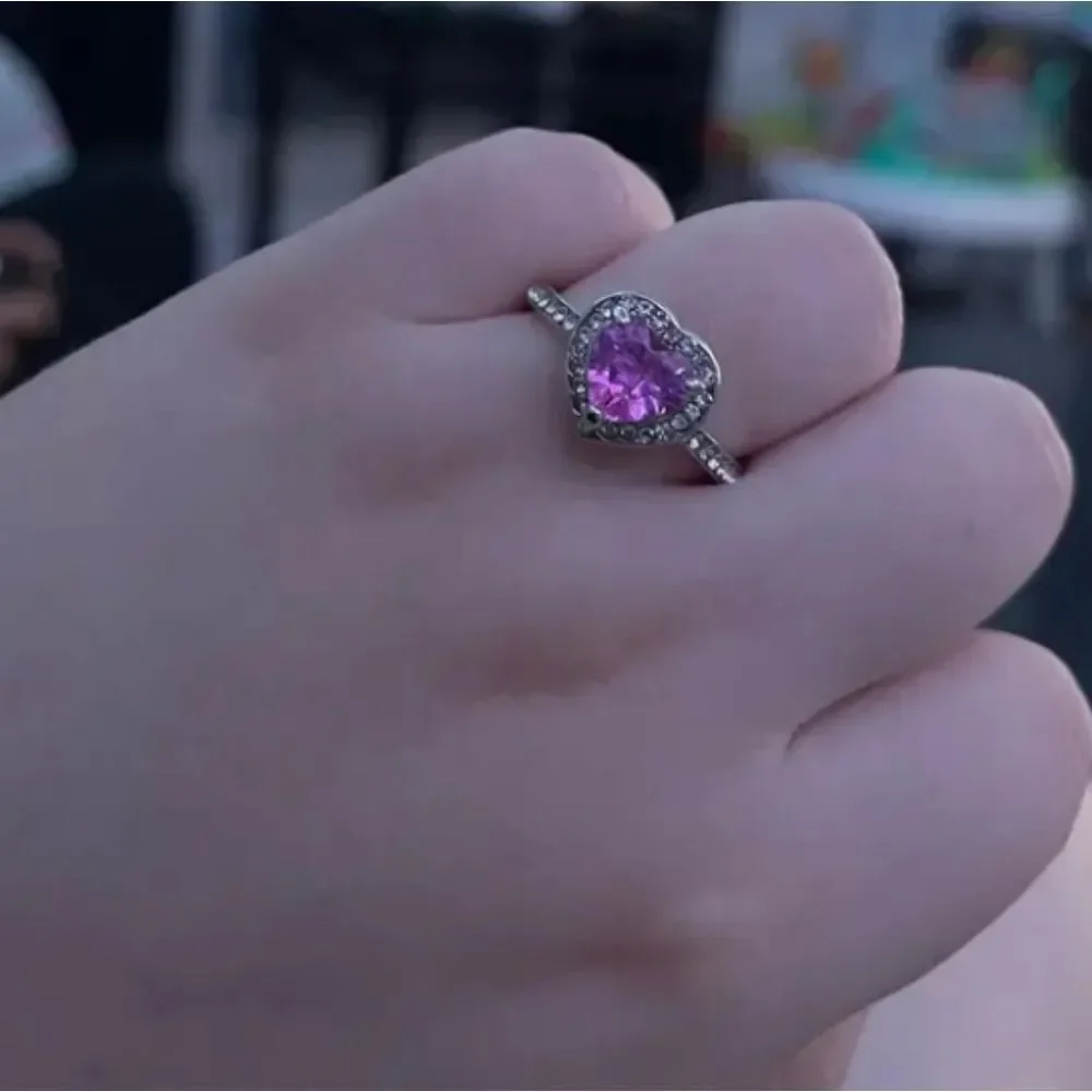 Ladies Pink Lab Created Diamond Trendy heart promise ring sz 7